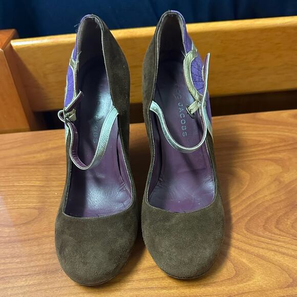 Marc Jacobs Brown Purple Mary Jane Heels Color Block Metallic Accents Size 37 - Picture 2 of 16